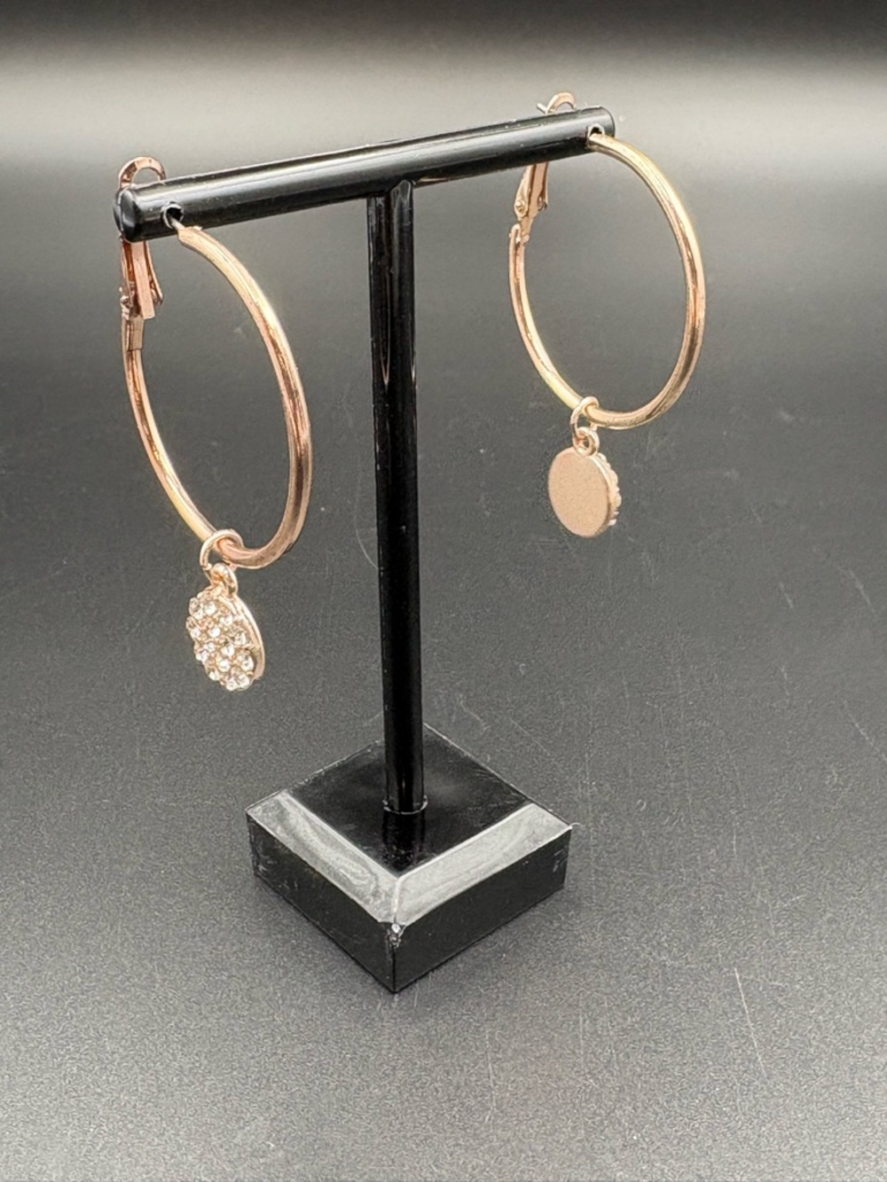 2/$10 Rose Gold Hoop Earrings with Crystal Pave Charm